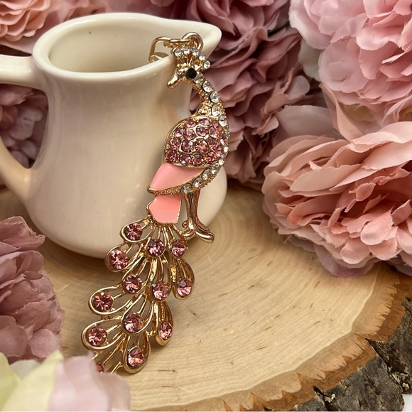 Beautiful Golden and Pink Crystal Peacock Keychain Charm - Picture 3 of 15